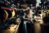 Senior male shoemaker restoring a shoe in his old workshop in the city