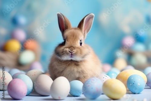 Easter bunny rabbit with painted egg. Easter holiday concept.