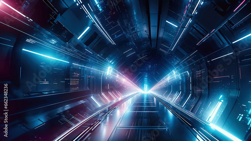 abstract technology tunnel with motion blur and blue light. 3d rendering