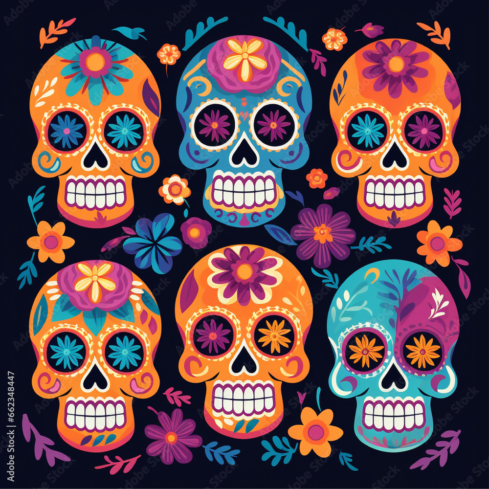 hand drawn flat dia de muertos skulls collection, colorful sugar skulls with flowers, set of day of the dead sugar skulls with flowers, hand drawn flat dia de muertos skulls collection, colorful sugar skulls with flowers, set of day of the dead sugar skulls with flowers,