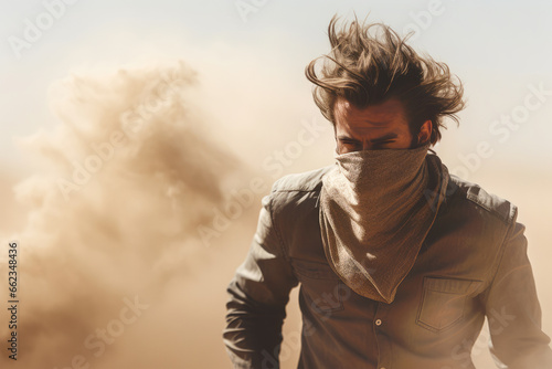 Murais de parede Man Wearing A Mask On His Mouth Walking In A Sand Storm