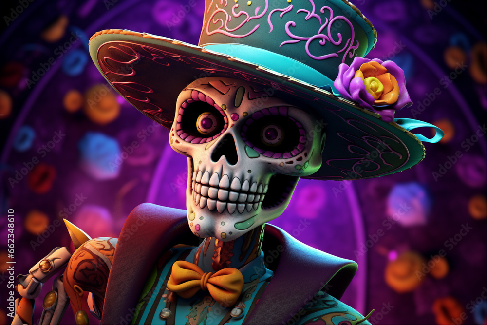 dia de los muertos, featuring a skeleton holding a skull hat, dia de