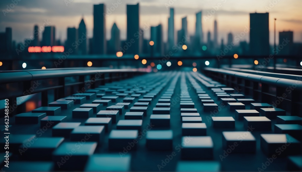 Cubic shapes in cool tones resembling massive traffic on a road into a city skyscape Cubic shapes in cool tones resembling massive traffic on a road into a city skyscape