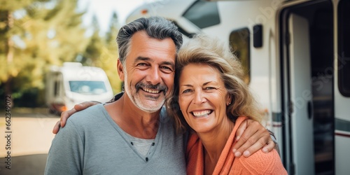 Mature Caucasian couple traveling together in motorhome is a separate type of relaxation from the hustle and bustle of a big city. Mental health and digital detox concept. They are smiling looking at