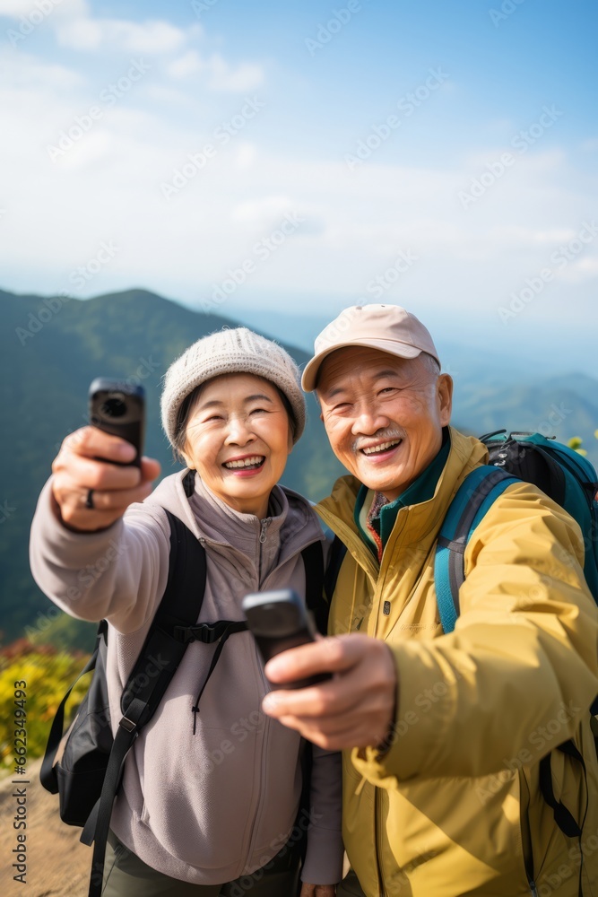 Couple of adults woman and man of different nationalities take selfie on their phone and smile at the top of the mountain