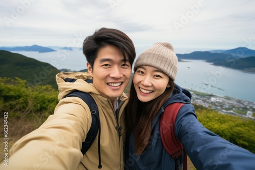 Couple of woman and man of different nationalities take selfie on their phone and smile at the top of the mountain