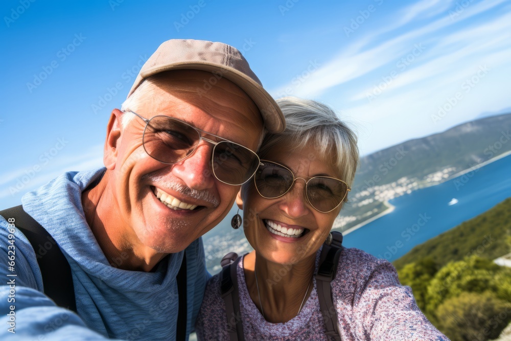 Couple of adults woman and man of different nationalities take selfie on their phone and smile at the top of the mountain