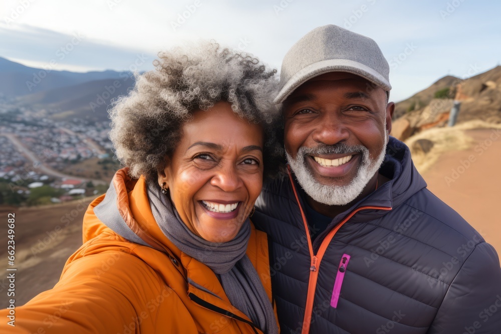 Couple of adults woman and man of different nationalities take selfie on their phone and smile at the top of the mountain Couple of adults woman and man of different nationalities take selfie on their phone and smile at the top of the mountain