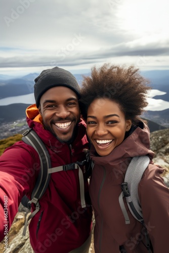 Couple of woman and man of different nationalities take selfie on their phone and smile at the top of the mountain