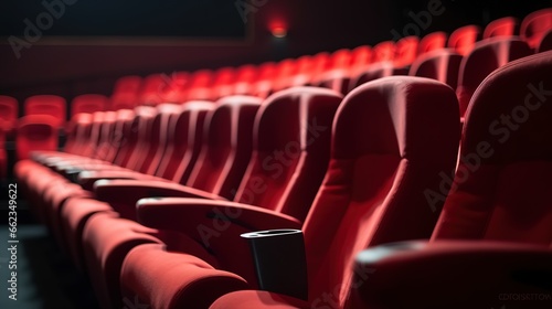 photo of red chairs in a cinema. rows of red chairs in a theater. generative AI