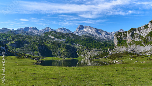 Panoramic view in Ercina lake in Covadonga National Park  Asturias  Spain 