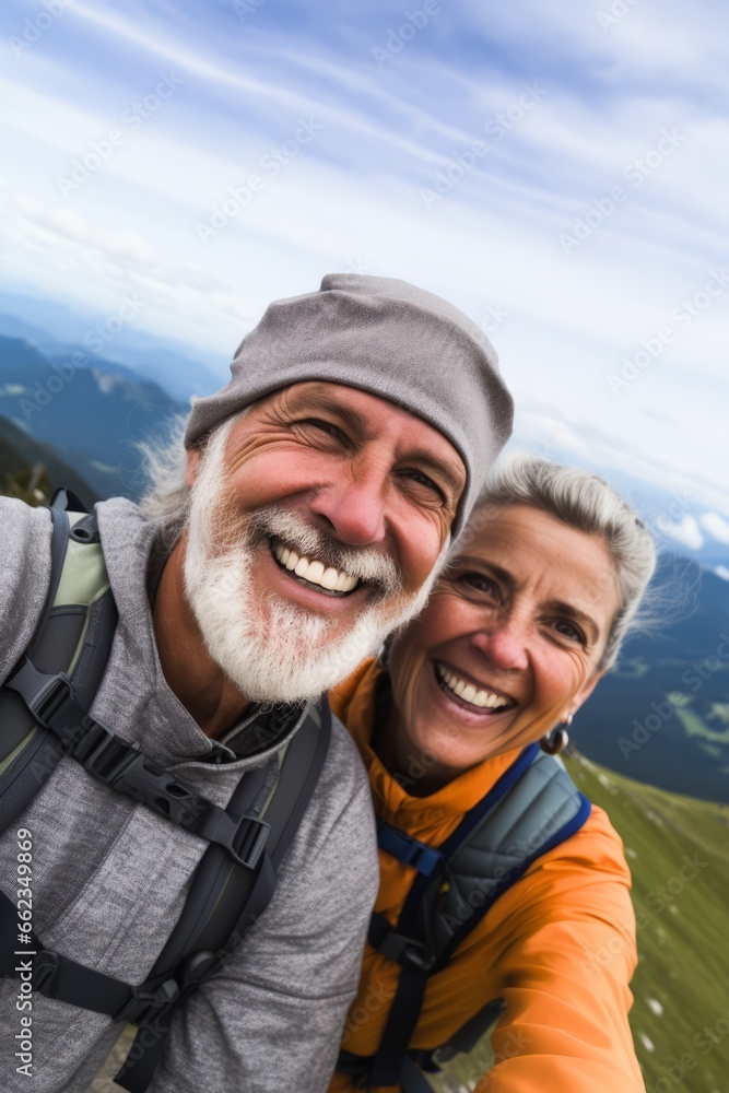 Couple of adults woman and man of different nationalities take selfie on their phone and smile at the top of the mountain Couple of adults woman and man of different nationalities take selfie on their phone and smile at the top of the mountain