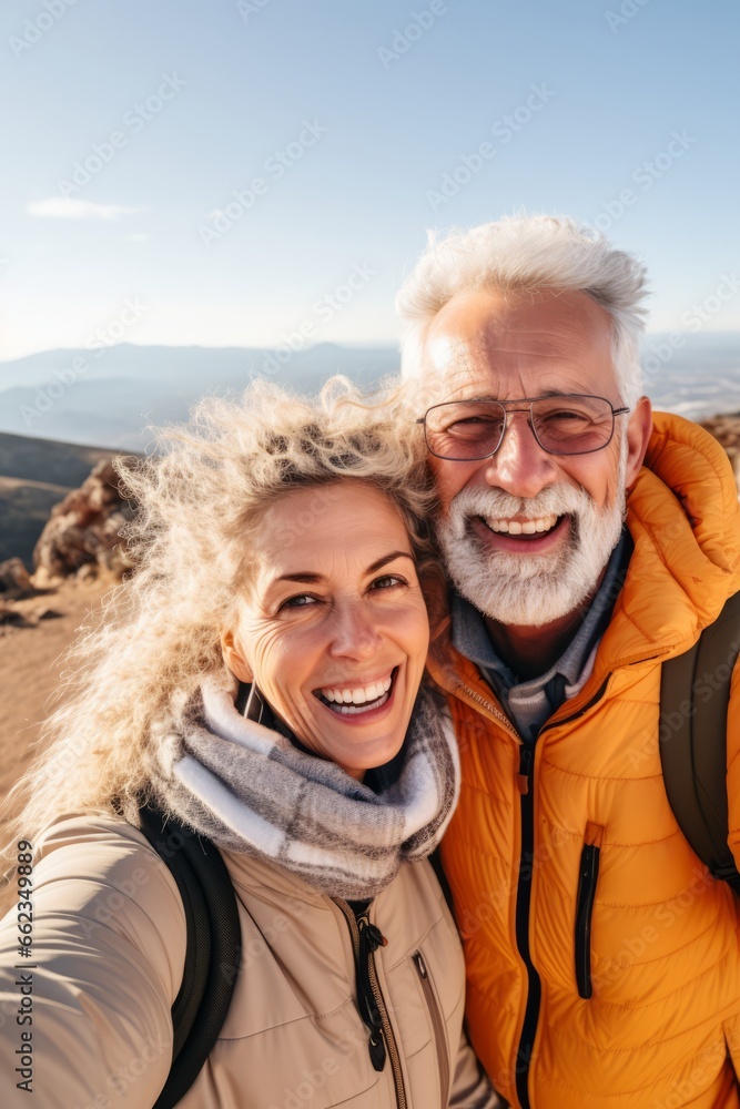 Couple of adults woman and man of different nationalities take selfie on their phone and smile at the top of the mountain