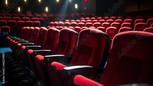 red chairs lined up inside a cinema, theater. generative AI