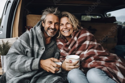 Mature couple in love in a motorhome. They chat and drink morning coffee. Traveling as a couple away from the hustle and bustle of the big city and be alone.