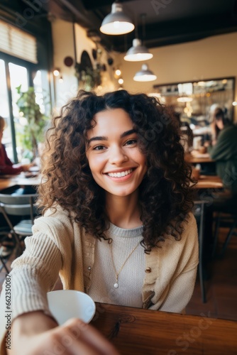 Beautiful young woman takes selfie on her phone while sitting in cafe