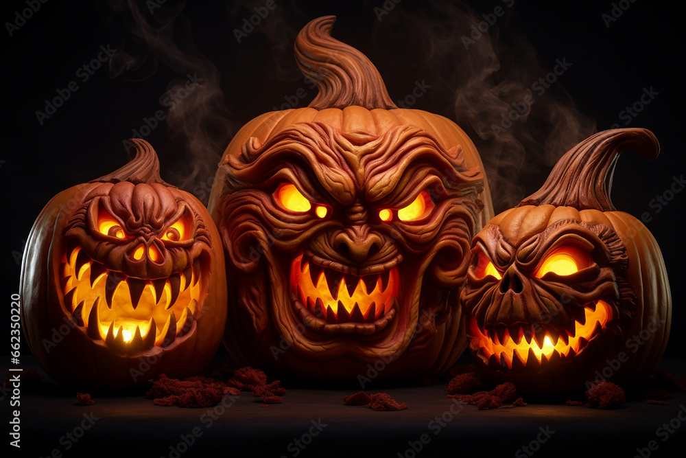 Illuminated spooky carved pumpkin with evil face isolated on dark Halloween night Illuminated spooky carved pumpkin with evil face isolated on dark Halloween night