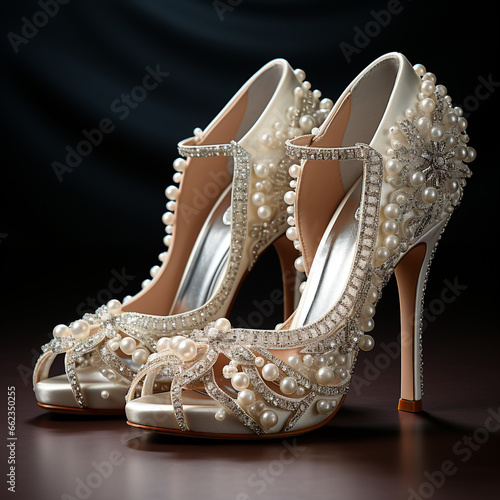 Luxury white bridal wedding shoes with pearl and diamonds on a heel.