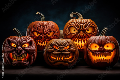 Illuminated spooky carved pumpkin with evil face isolated on dark Halloween night © Nayan