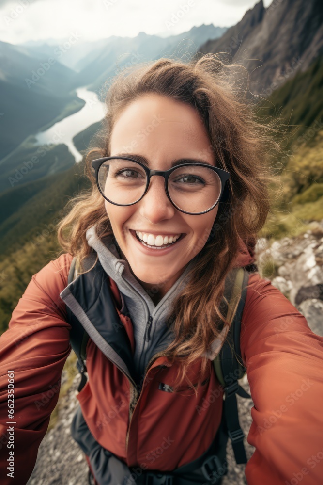 Woman with glasses takes selfie on top of mountain and smiles, happy woman Woman with glasses takes selfie on top of mountain and smiles, happy woman