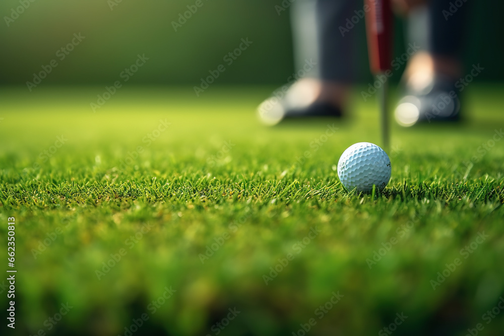 close up macro golf player putting golf ball into hole - obrazy, fototapety, plakaty 