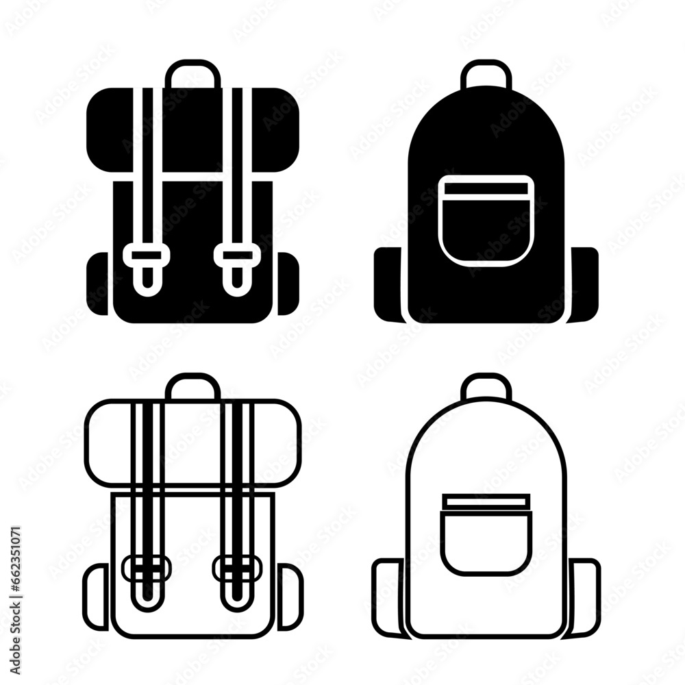 Backpack icon. Back to school sign. School bag. Study bag isolated vector set. Backpack icon. Back to school sign. School bag. Study bag isolated vector set.
