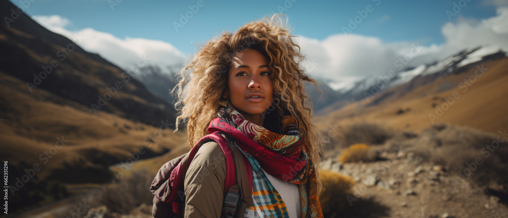 black woman looking at the mountains in autumn / winter black woman looking at the mountains in autumn / winter