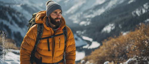 brunette bearded hiker in a snowy winter mountain landscape
