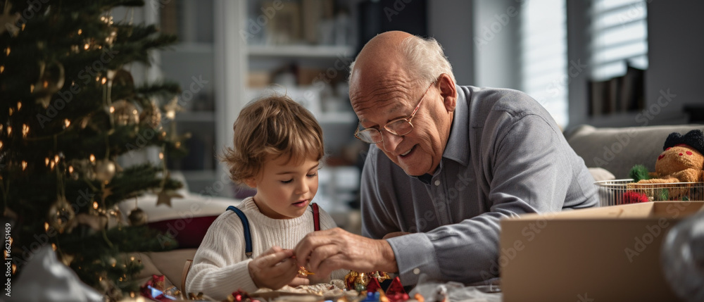 grandfather and his grandchild on christmas - obrazy, fototapety, plakaty 
