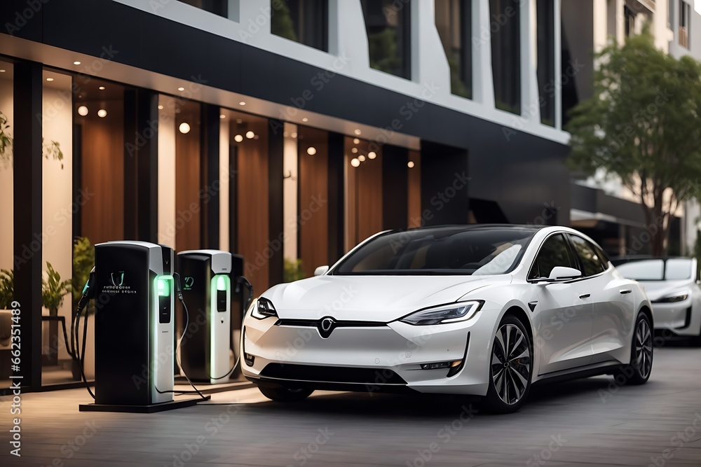 Obraz premium Witness the fusion of luxury and sustainability as affluent individuals recharge their electric cars at upscale stations. These images represent eco-conscious travel in style
