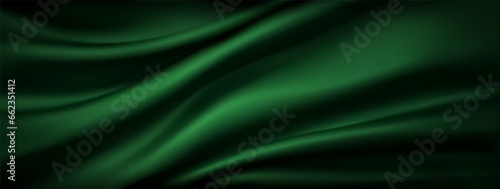 Dark green silk fabric luxury background. Vector texture pattern of wavy abstract satin cloth. Luxurious background of green silk fabric. Vector illustration