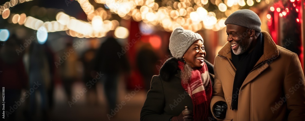 An African American middle-aged couple in love walks through the city at night on the eve of Christmas. They talk and laugh enjoying each other's company. Love and Christmas. Photo with copy space.