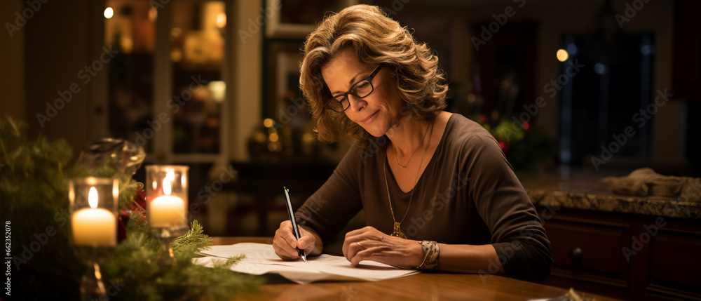 woman writing a christmas letter - obrazy, fototapety, plakaty 