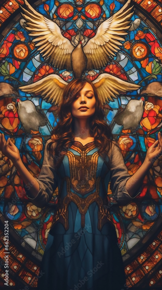 stained glass window of abstract background with woman in the church. stained glass window of abstract background with woman in the church.