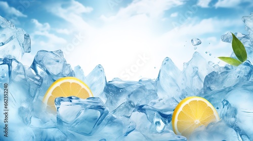 Summer background with ice cubes, lemon slices and green leaves. Copy space. Generative AI Image