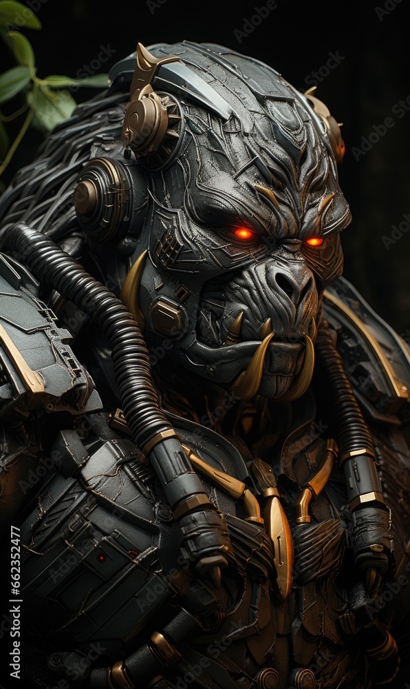 The robot gorilla's metallic exterior was a stark contrast to its primal nature. The robot gorilla's metallic exterior was a stark contrast to its primal nature.