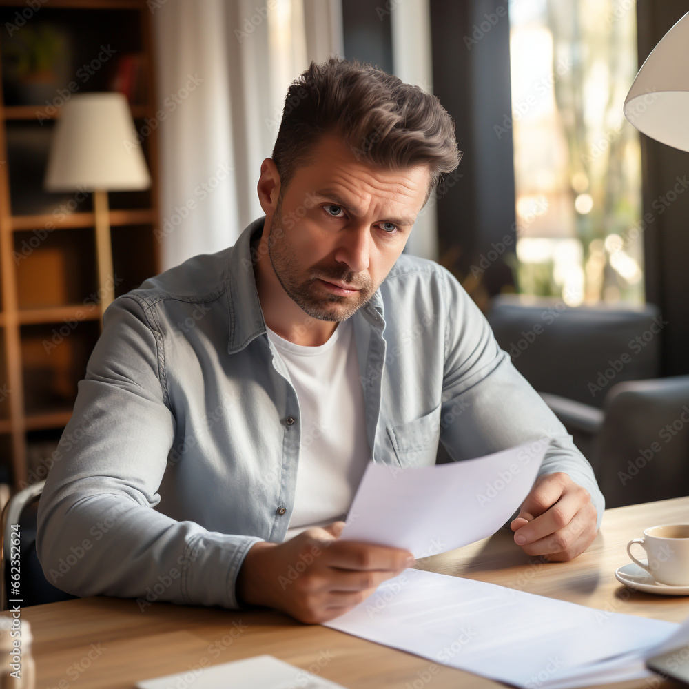 Fototapeta premium WORKING WITH PAPER DOCUMENTS. CONCENTRATED BUSINESSMAN LOOKING THROUGH IMPORTANT DOCUMENTS AND THINKING ABOUT FUTURE WORK PLAN. image created by legal AI