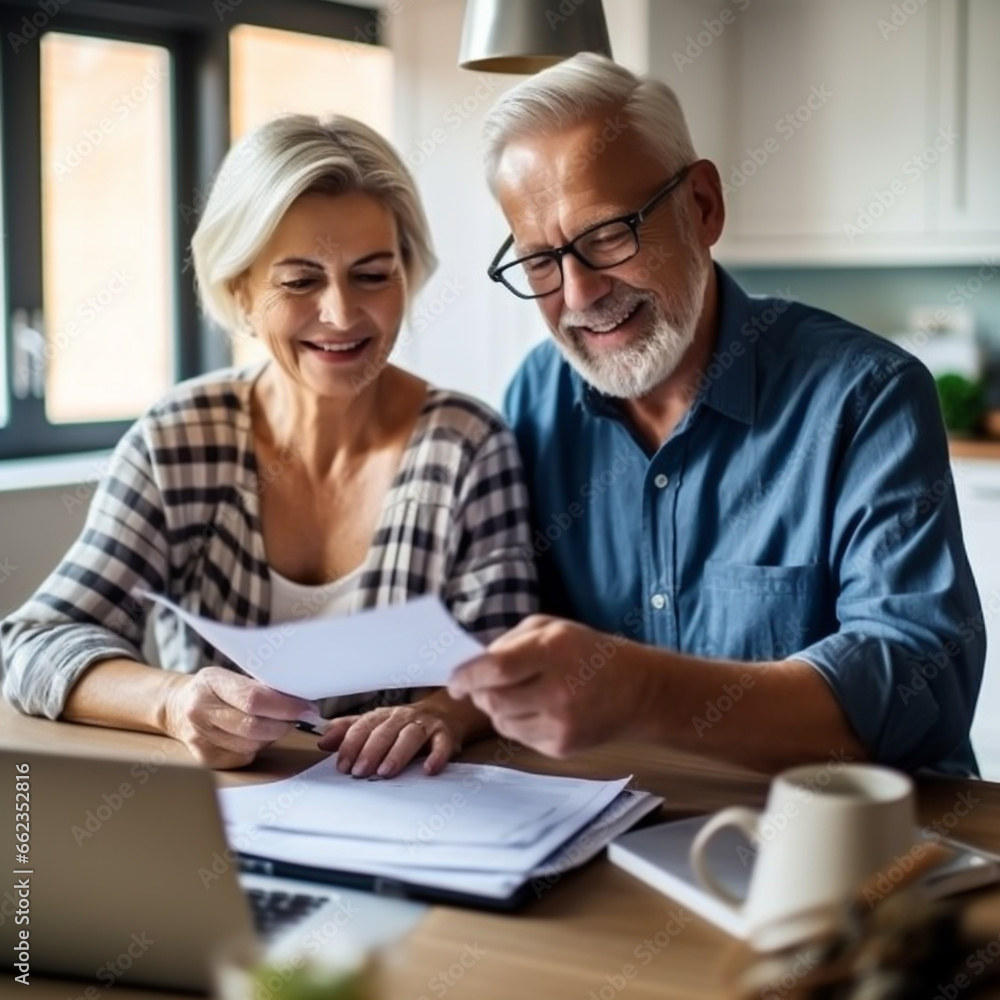 HAPPY RETIRED SENIOR FAMILY COUPLE READS AND CHECKS FINANCIAL DOCUMENT. image created by legal AI HAPPY RETIRED SENIOR FAMILY COUPLE READS AND CHECKS FINANCIAL DOCUMENT. image created by legal AI
