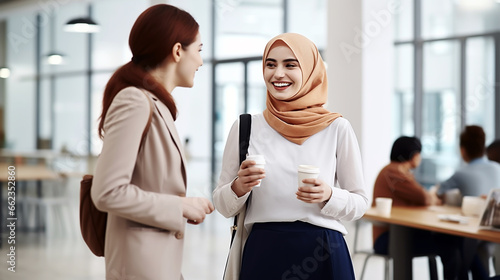 HAPPY INTERNATIONAL, FEMALE STUDENT TALKING TO TEACHER, IN TRAINING CENTER. image created by legal AI
