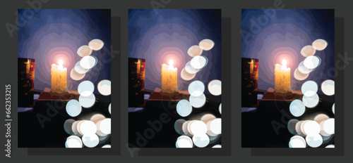 Merry and Bright Holiday cards.white colored wax candle with some blue light on it and black colored empty coffee mug with it on some brown colored old books and bokeh and light of Christmas.