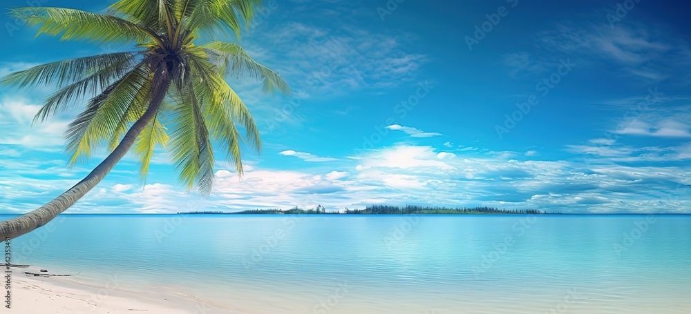 photo of a wide expanse of beach with palm trees decorated with bright blue skies. generative AI