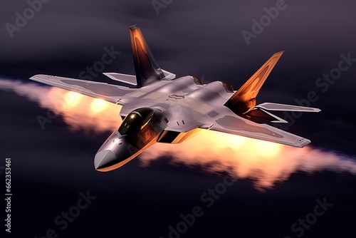 Fighter jet in the dark with smoke and fire. Futuristic spaceship flying in the night sky. Generative AI Image photo