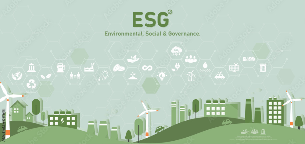 ESG concepts regarding environment, society and governance It is a concept for sustainable organizational development. Consider the environment, society and corporate governance. Vector illustration
