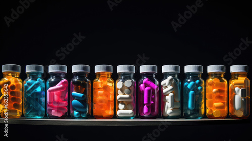 Colorful medical capsules, pills, vitamins, tablets, drugs, meds in clear plastic bottle for sale at pharmacy drug store, pharmaceutical exhibition. Pharma industry, medicine and healthcare concept