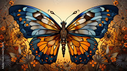 Illustration in stained glass style with a butterfly on a dark background.