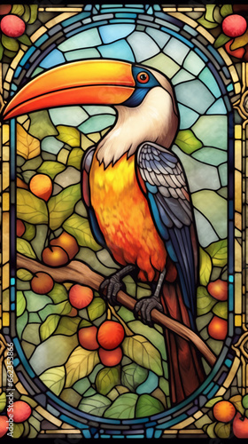 Illustration in stained glass style with a hornbill on a colorful background.