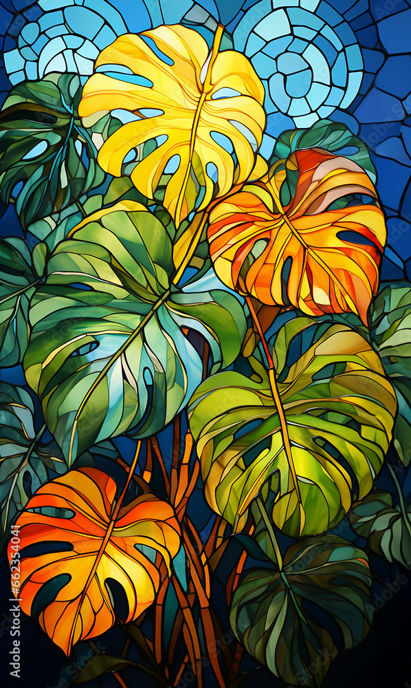 Illustration in stained glass style with a leaves in the forest on a dark background. Illustration in stained glass style with a leaves in the forest on a dark background.