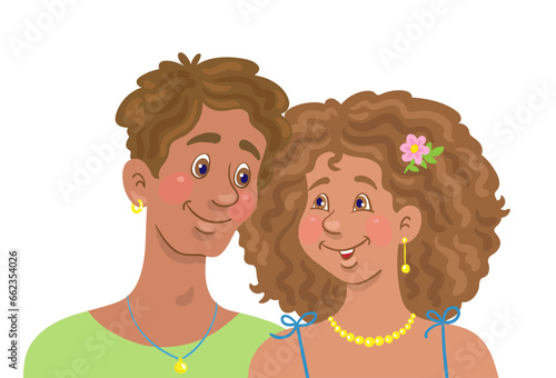 Portrait of a young African American couple. Happy man and woman together. In cartoon style. Isolated on white background. Vector flat illustration