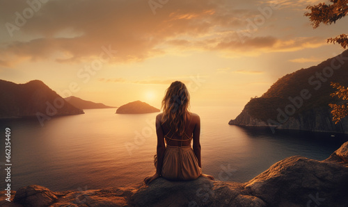 A young girl admiring the sunset and seascape from a cliff, igniting wanderlust , travel concept © JQM