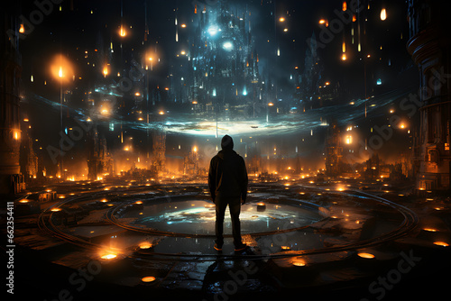 a person inside a fantasy setting with lights, generative AI © Nicolas